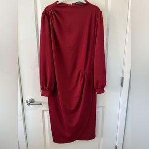 ELOQUII Burgundy Sheath Dress with Bishop Sleeves and Pleats